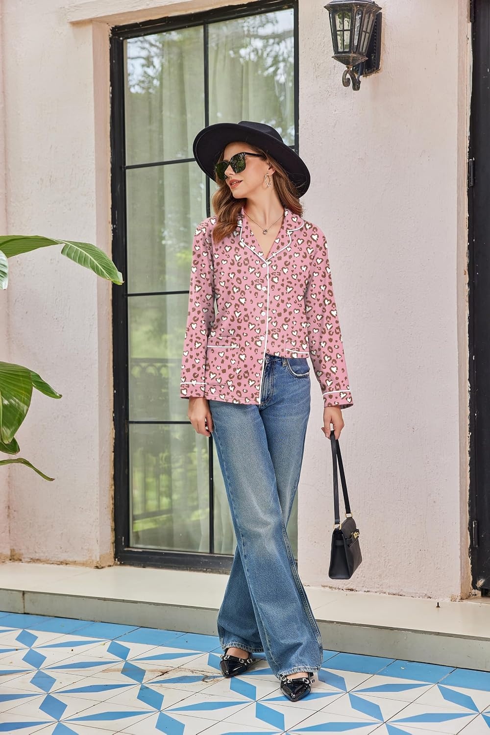 image:imageEkouaer Womens Cotton Pajamas Set Long Sleeve Button Down Pjs with PocketsPink Leopard Love
