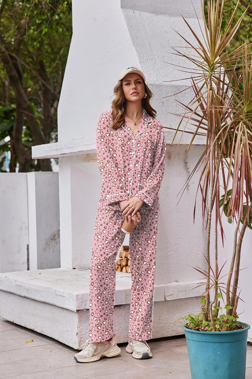 image:imageEkouaer Womens Cotton Pajamas Set Long Sleeve Button Down Pjs with PocketsPink Leopard Love