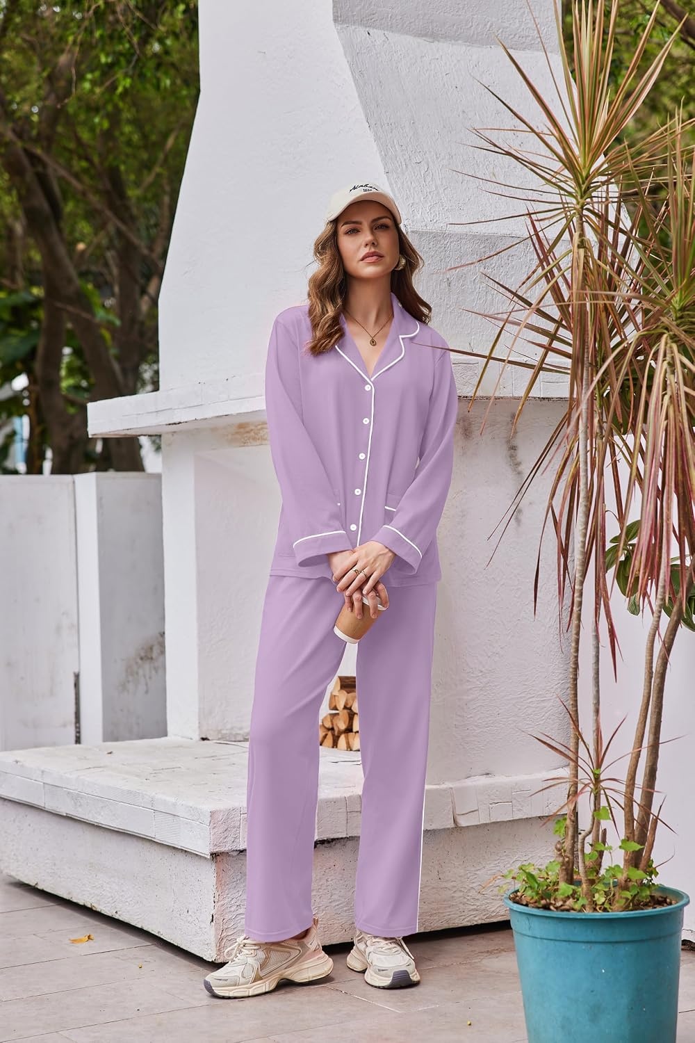 image:imageEkouaer Womens Cotton Pajamas Set Long Sleeve Button Down Pjs with PocketsPurple