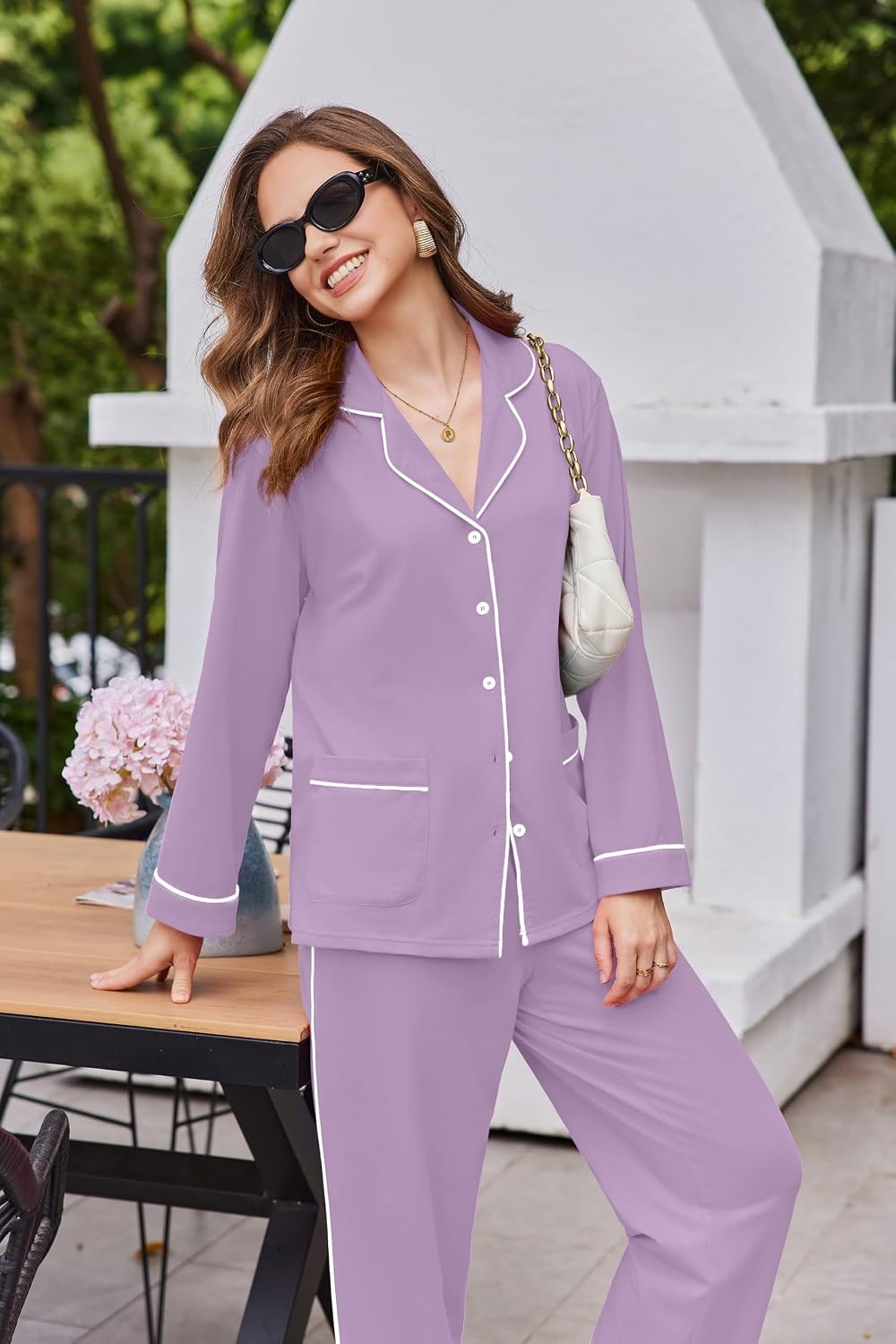 image:imageEkouaer Womens Cotton Pajamas Set Long Sleeve Button Down Pjs with PocketsPurple