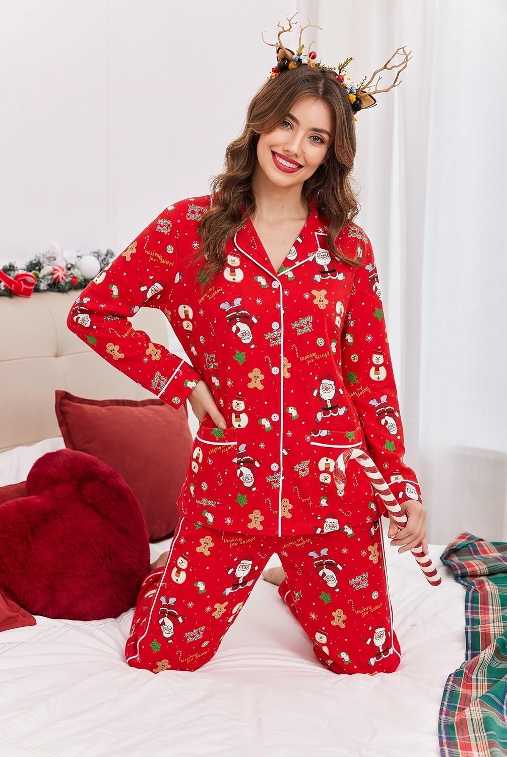 image:imageEkouaer Womens Cotton Pajamas Set Long Sleeve Button Down Pjs with PocketsRed Christmas