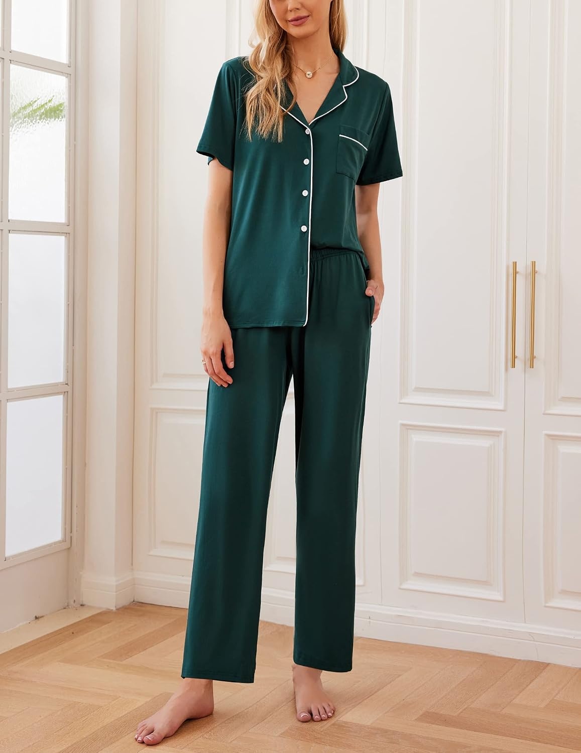 image:imageEkouaer Womens Pajamas Set Short Sleeve Button Down Top amp Pants Lounge PjsGreen