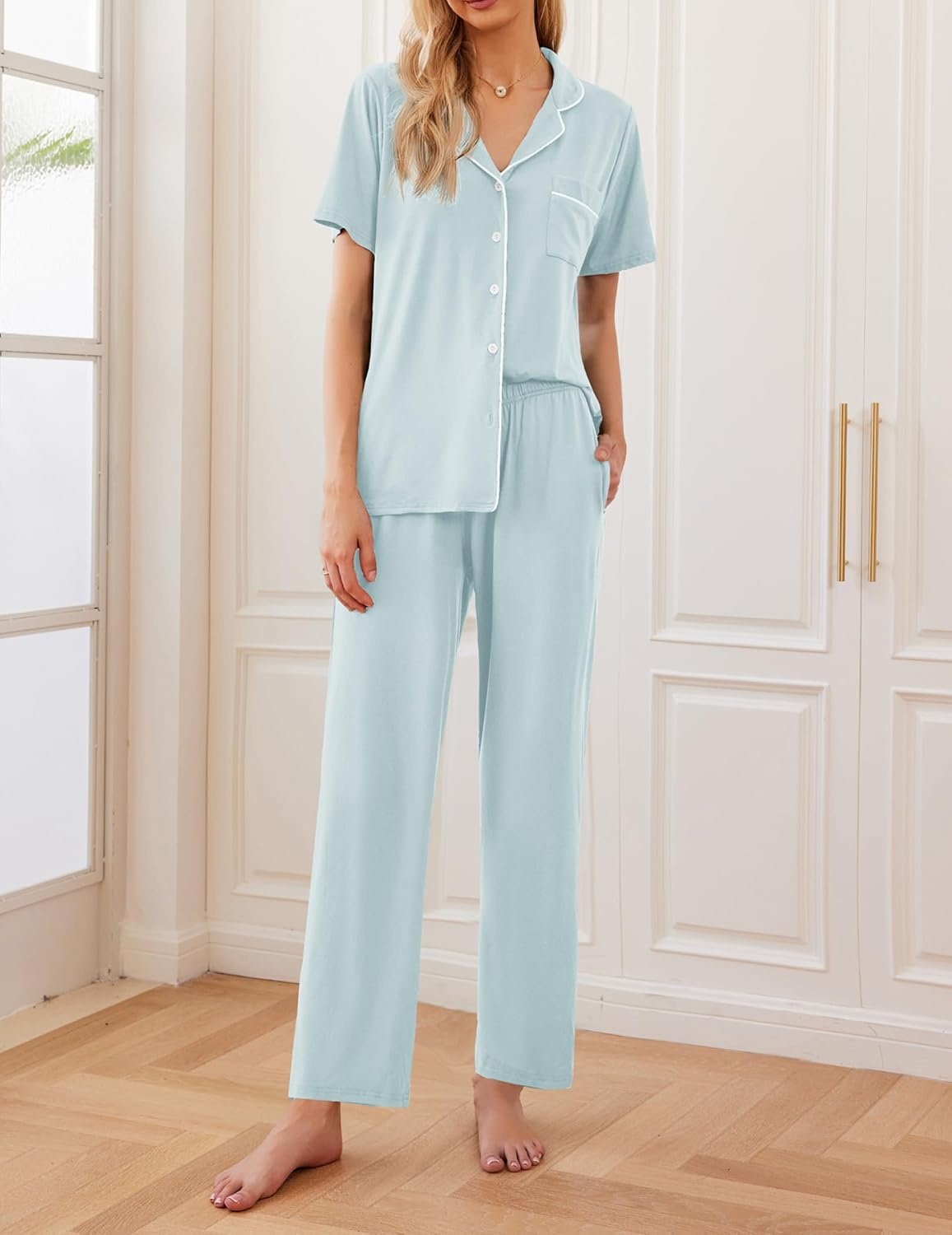 image:imageEkouaer Womens Pajamas Set Short Sleeve Button Down Top amp Pants Lounge PjsIce Blue