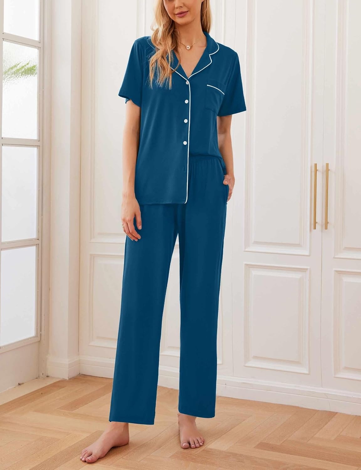 image:imageEkouaer Womens Pajamas Set Short Sleeve Button Down Top amp Pants Lounge PjsIndigo