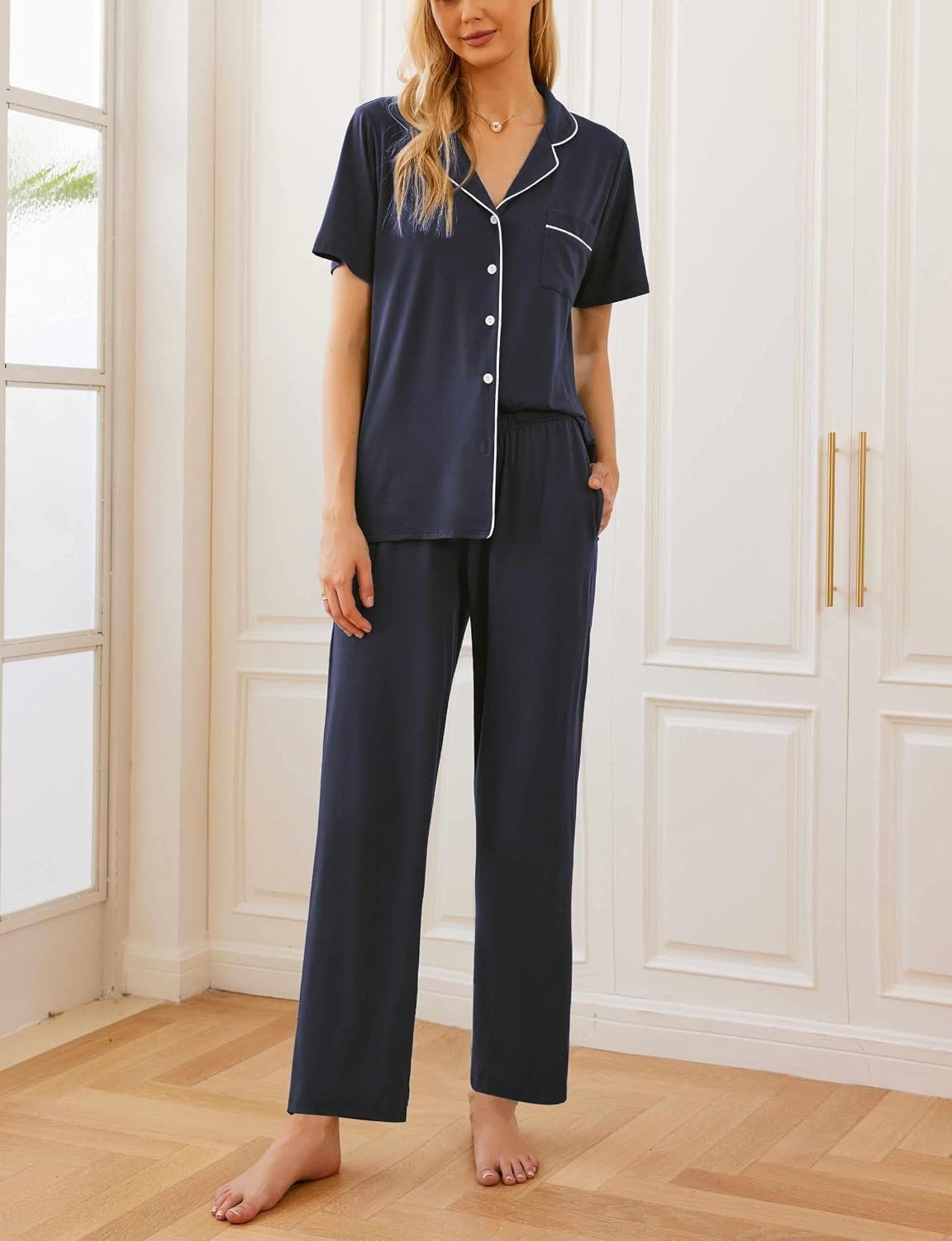 image:imageEkouaer Womens Pajamas Set Short Sleeve Button Down Top amp Pants Lounge PjsNavy Blue