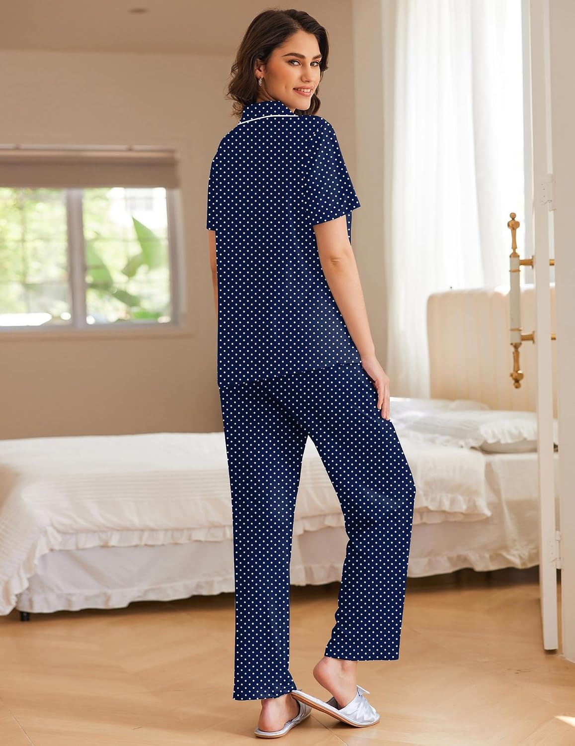 image:imageEkouaer Womens Pajamas Set Short Sleeve Button Down Top amp Pants Lounge PjsNavy Blue Points