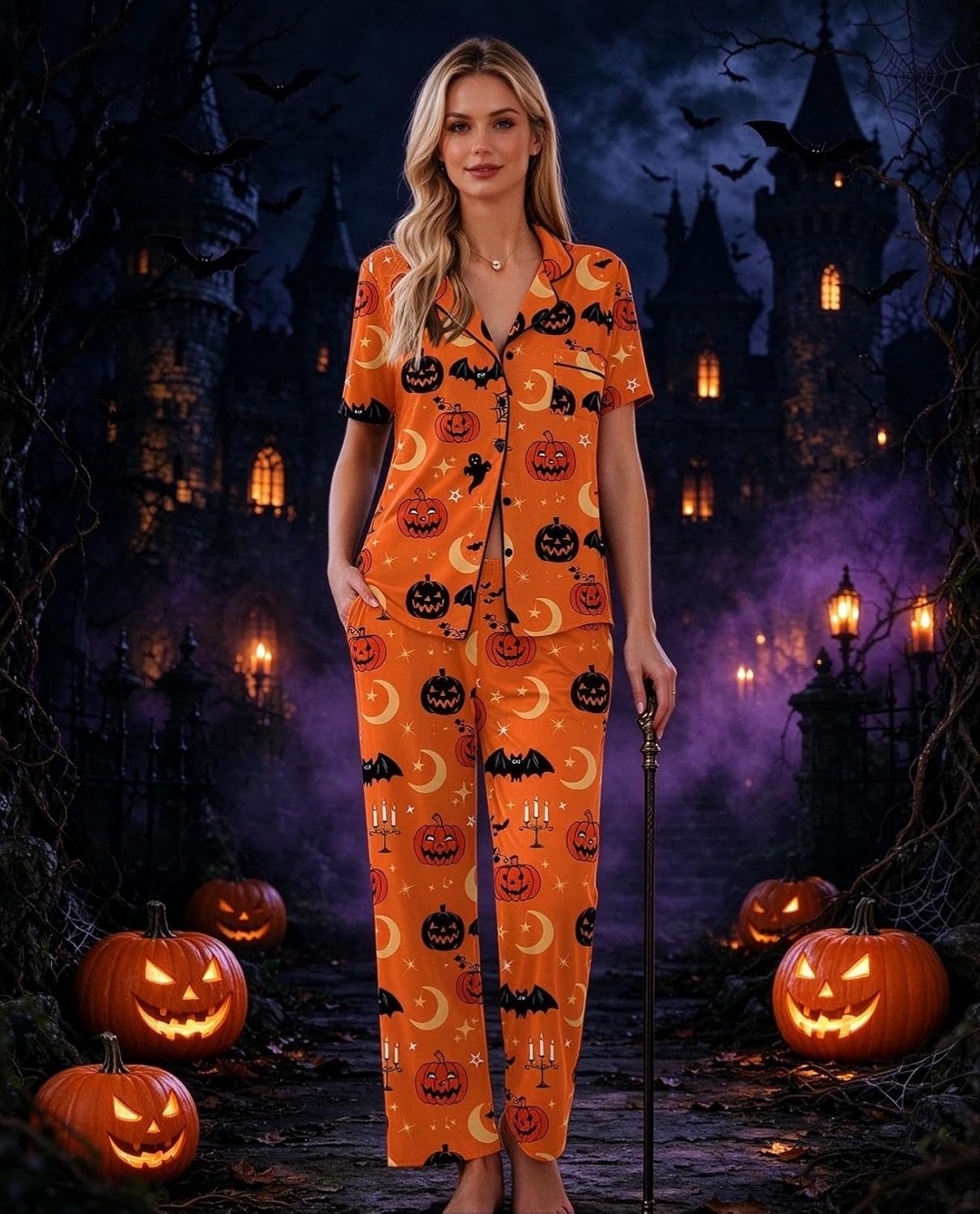 image:imageEkouaer Womens Pajamas Set Short Sleeve Button Down Top amp Pants Lounge PjsOrange Halloween 2026