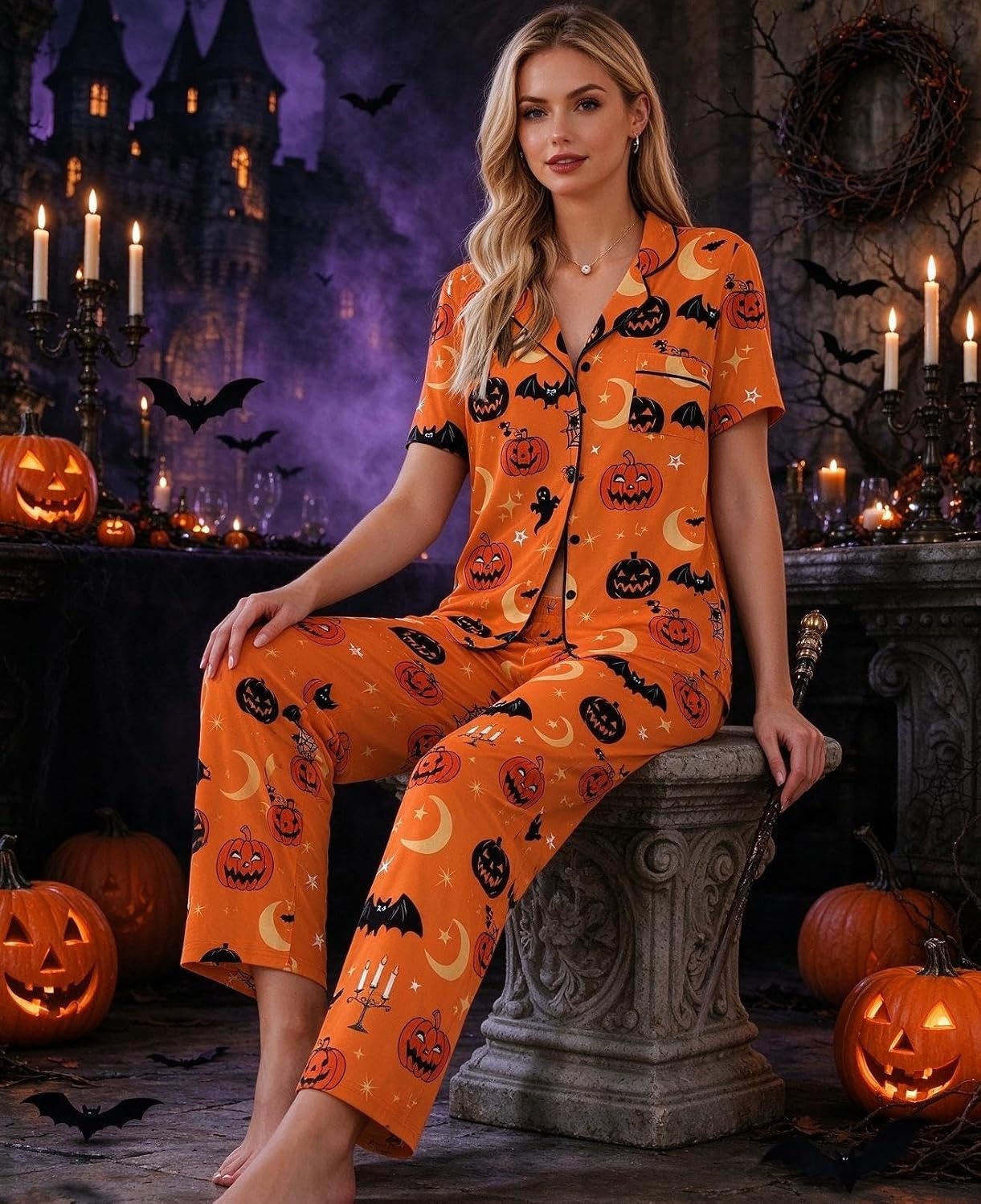 image:imageEkouaer Womens Pajamas Set Short Sleeve Button Down Top amp Pants Lounge PjsOrange Halloween 2026