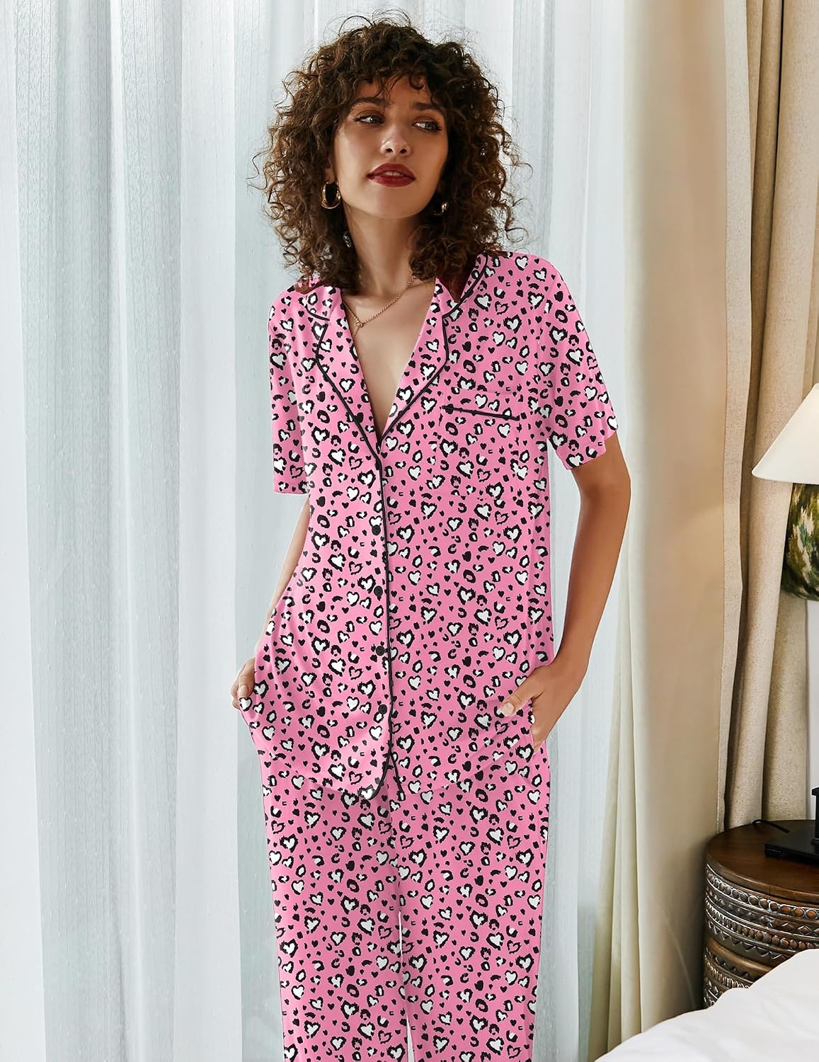 image:imageEkouaer Womens Pajamas Set Short Sleeve Button Down Top amp Pants Lounge PjsPink Leopard An367