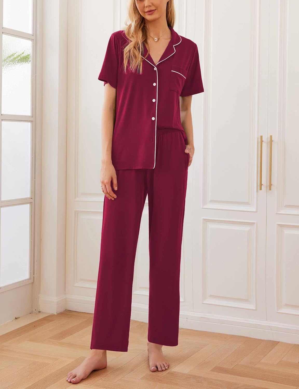 image:imageEkouaer Womens Pajamas Set Short Sleeve Button Down Top amp Pants Lounge PjsRed