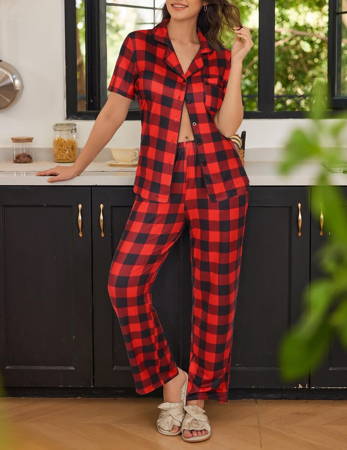 image:imageEkouaer Womens Pajamas Set Short Sleeve Button Down Top amp Pants Lounge PjsRed Plaid Gz1