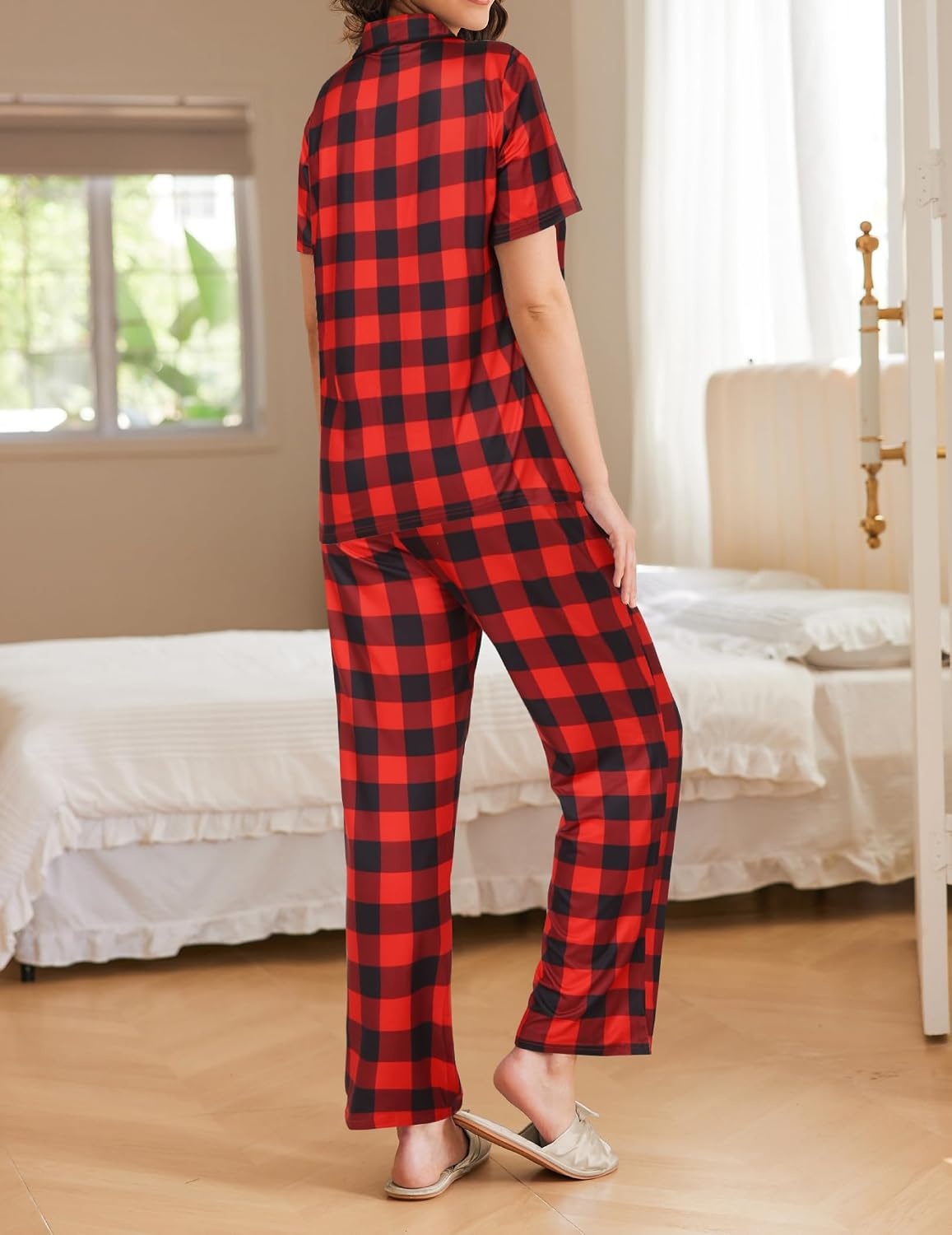 image:imageEkouaer Womens Pajamas Set Short Sleeve Button Down Top amp Pants Lounge PjsRed Plaid Gz1