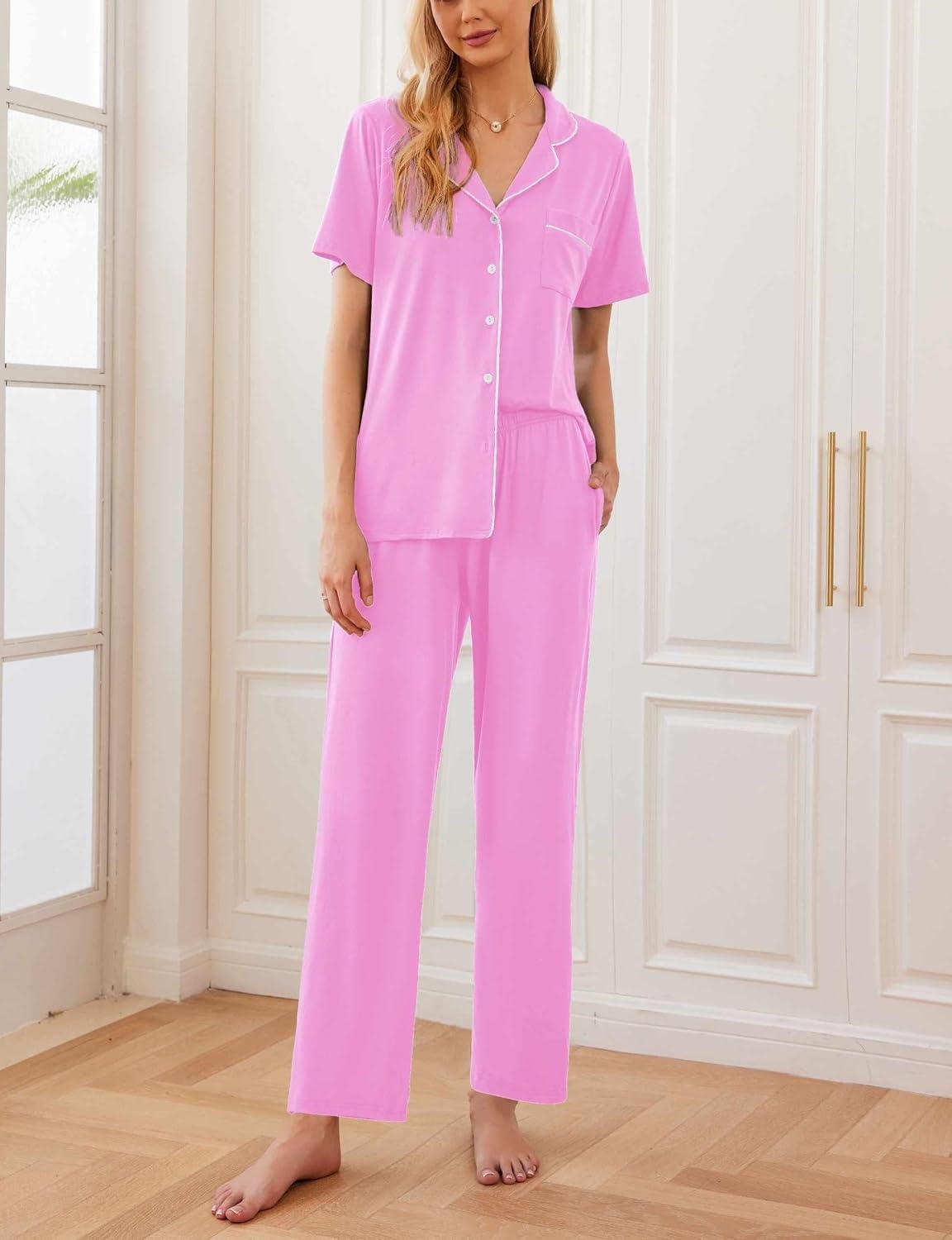 image:imageEkouaer Womens Pajamas Set Short Sleeve Button Down Top amp Pants Lounge PjsRose