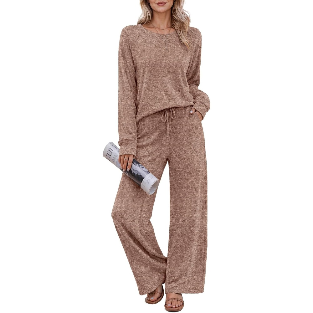 image:imageEkouaer Pajama Sets for Women Long Sleeve Sleepwear Crew Neck Pj Lounge SetBrown
