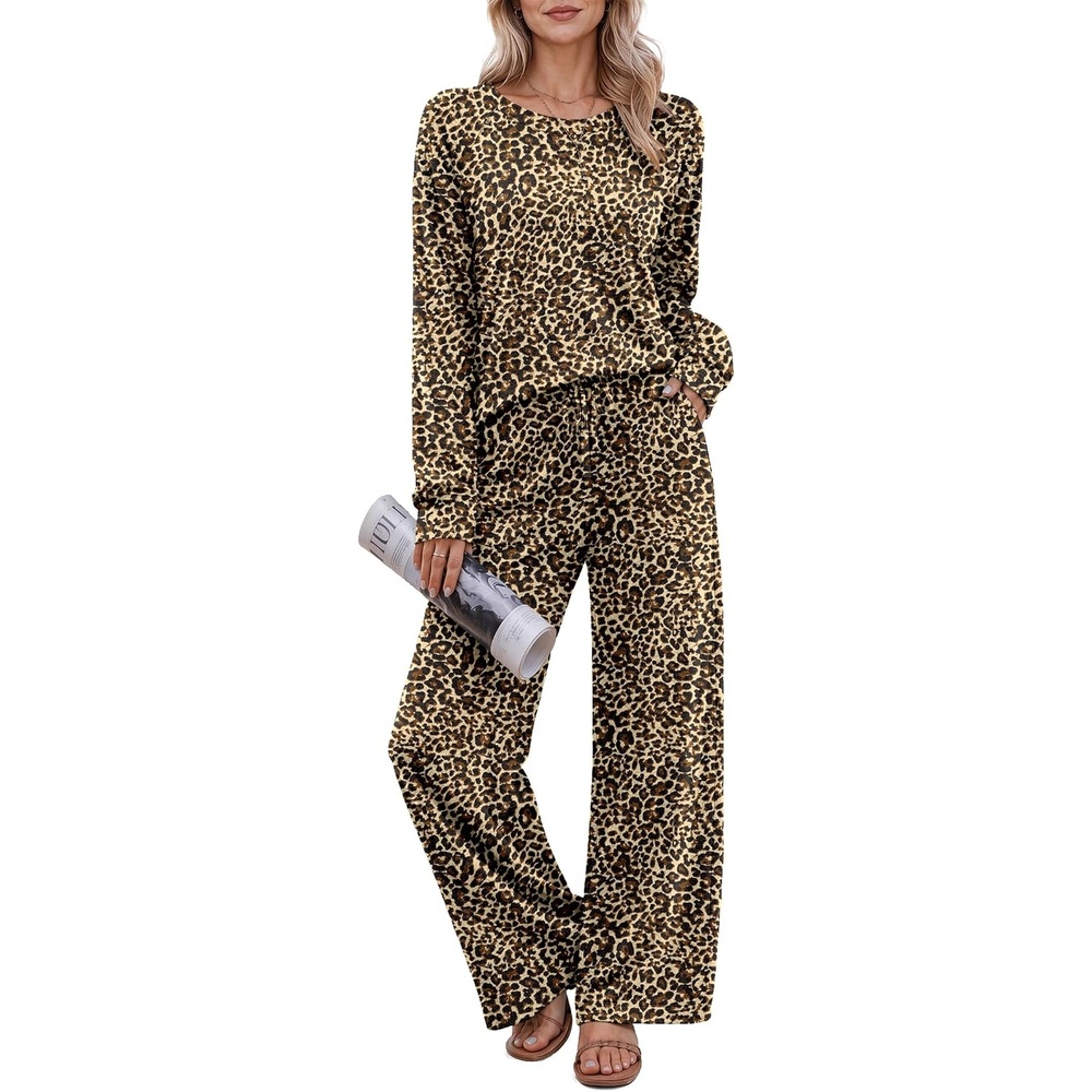 image:imageEkouaer Pajama Sets for Women Long Sleeve Sleepwear Crew Neck Pj Lounge SetBrown Leopard