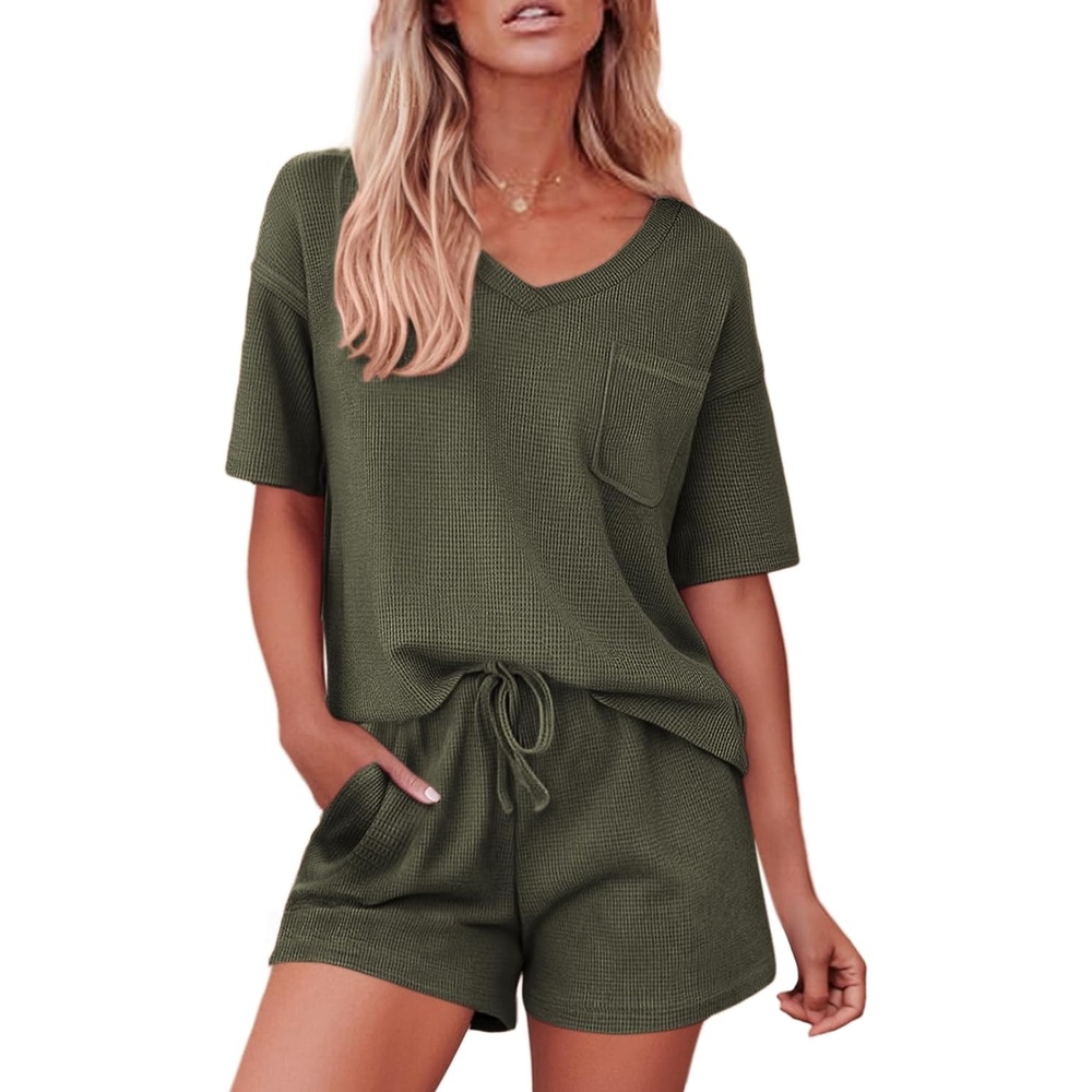 image:imageEkouaer Pajamas for Women Waffle Knit Lounge Set 2 Piece PJS Short Sleeve Top and Shorts Matching Loungewear with Pockets Army Green Large