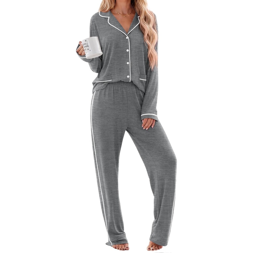 image:imageEkouaer Womens Cotton Pajamas Set Long Sleeve Button Down Pjs with PocketsDark Grey