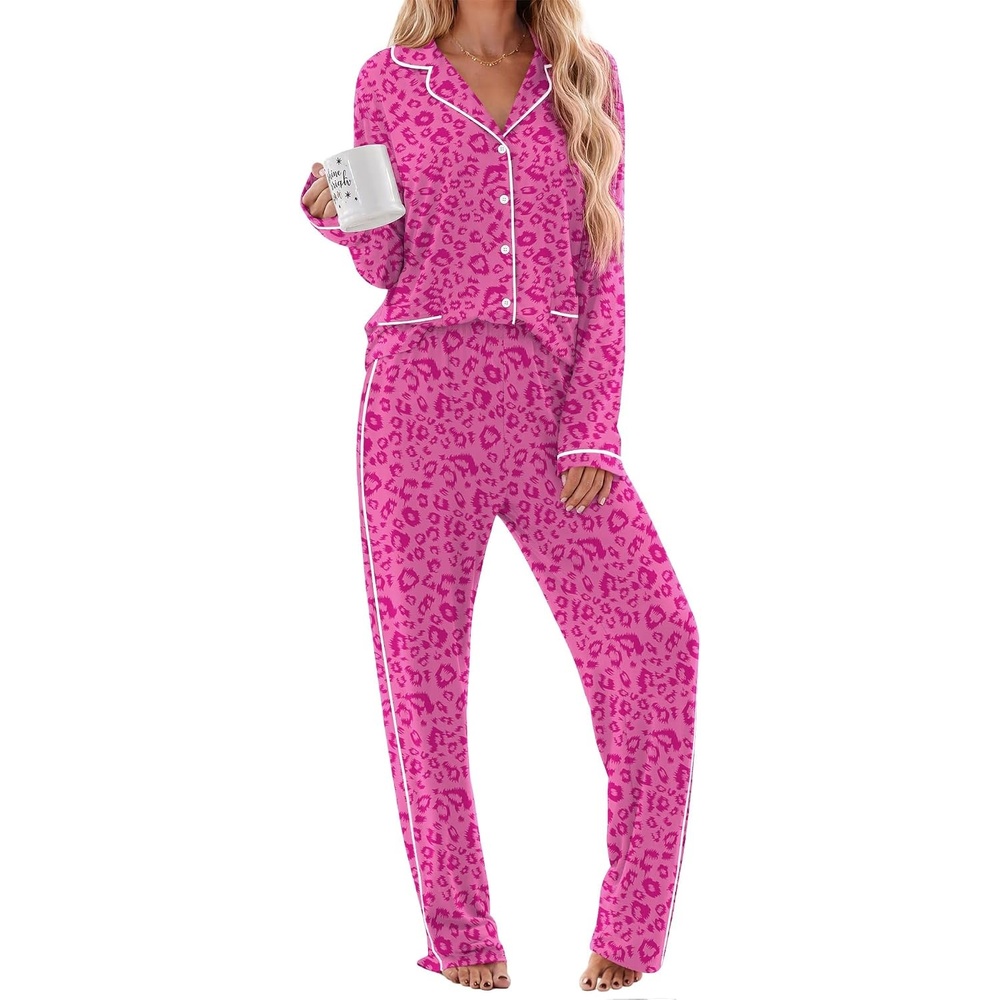 image:imageEkouaer Womens Cotton Pajamas Set Long Sleeve Button Down Pjs with PocketsHot Pink Leopard
