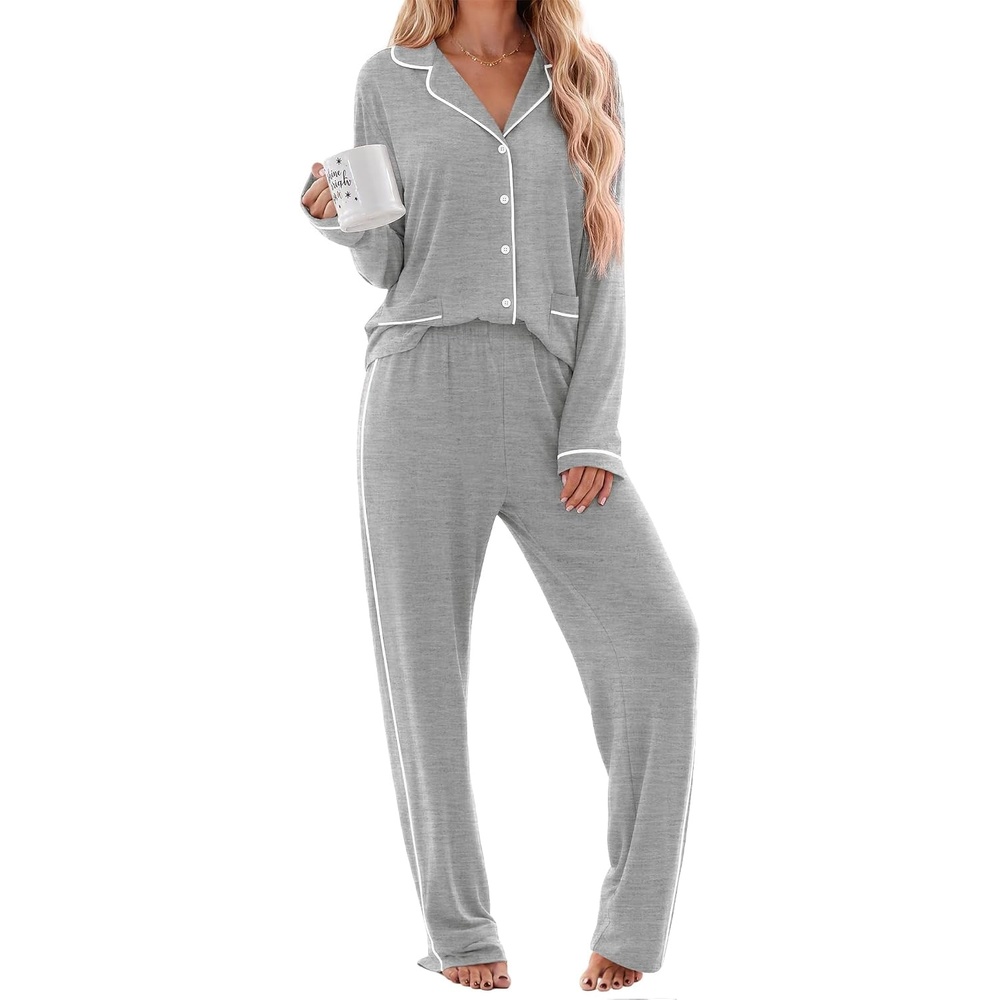 image:imageEkouaer Womens Cotton Pajamas Set Long Sleeve Button Down Pjs with PocketsLight Grey