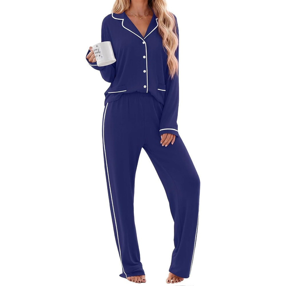image:imageEkouaer Womens Cotton Pajamas Set Long Sleeve Button Down Pjs with PocketsNavy Blue