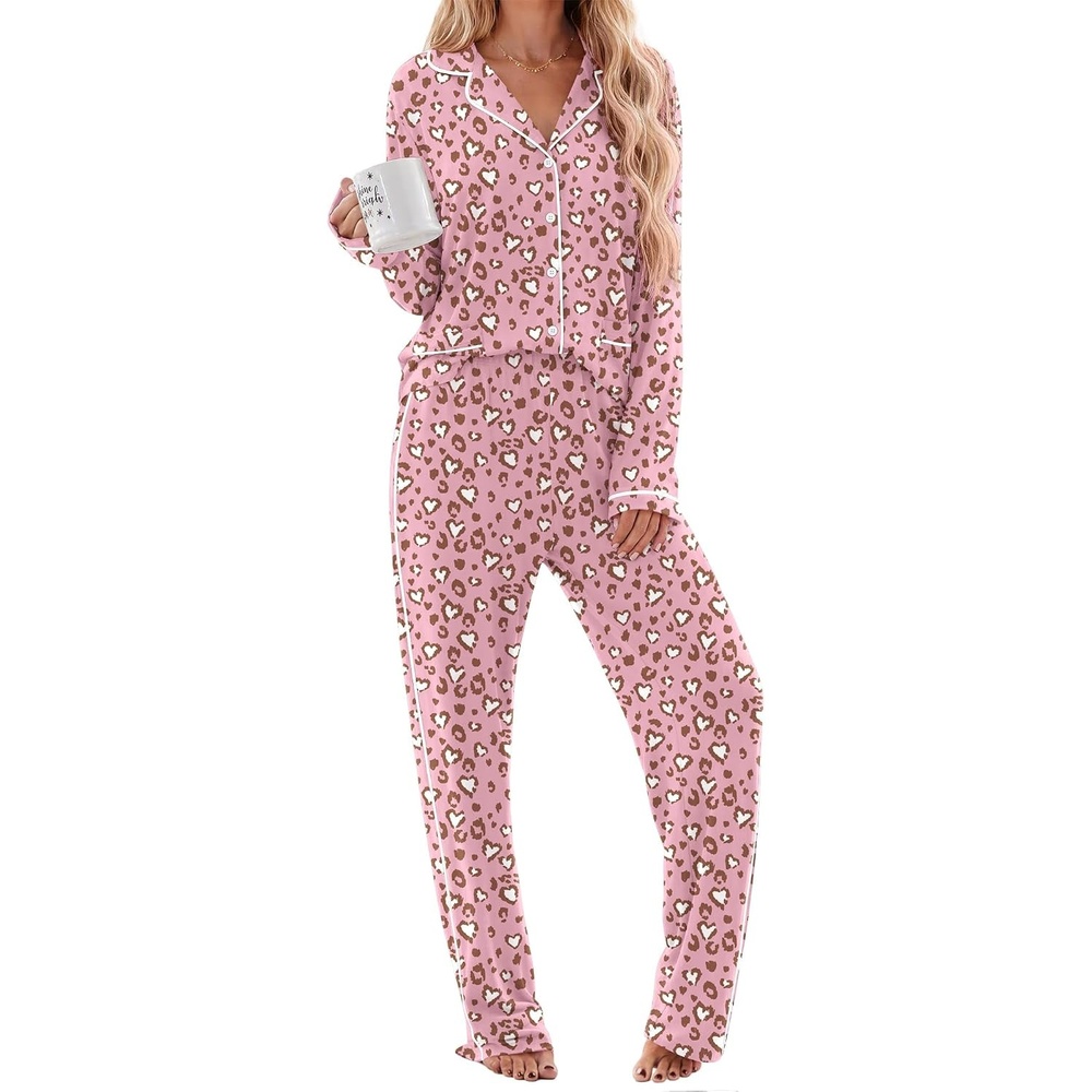 image:imageEkouaer Womens Cotton Pajamas Set Long Sleeve Button Down Pjs with PocketsPink Leopard Love