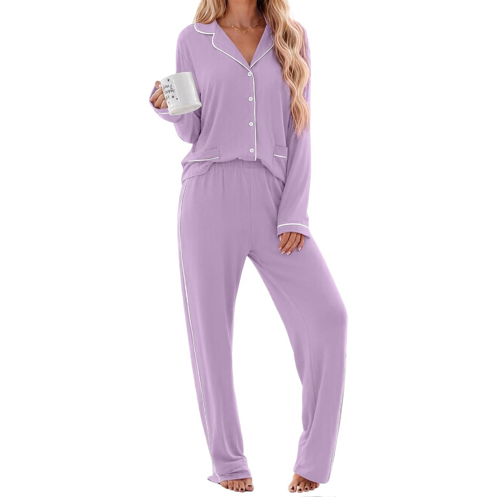 image:imageEkouaer Womens Cotton Pajamas Set Long Sleeve Button Down Pjs with PocketsPurple