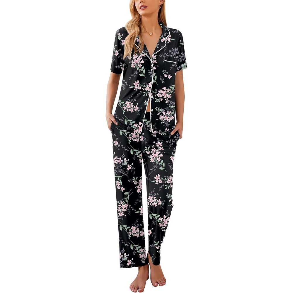 image:imageEkouaer Womens Pajamas Set Short Sleeve Button Down Top amp Pants Lounge PjsBig Black Flowers