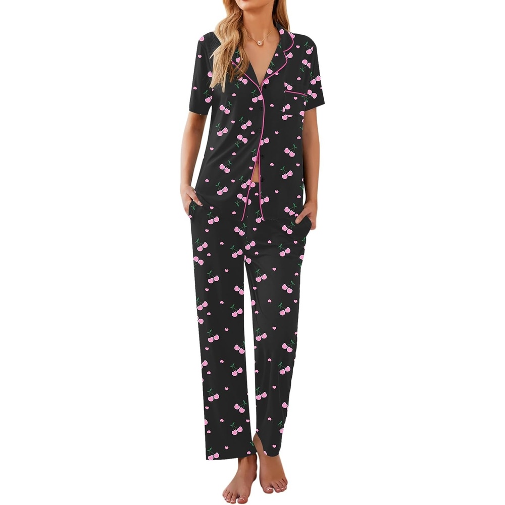 image:imageEkouaer Womens Pajamas Set Short Sleeve Button Down Top amp Pants Lounge PjsBlack Cherry Fp14