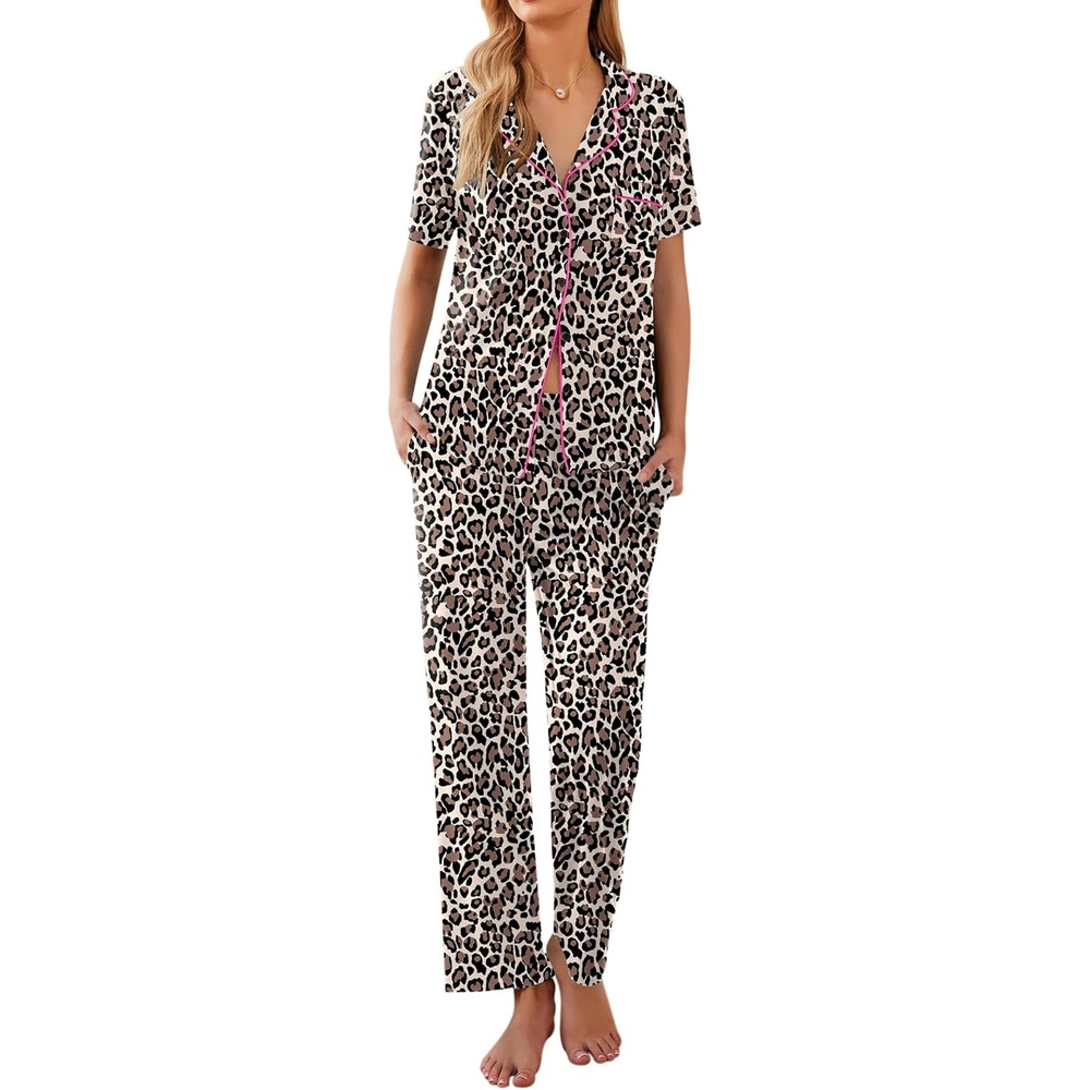 image:imageEkouaer Womens Pajamas Set Short Sleeve Button Down Top amp Pants Lounge PjsBrown Leopard 378