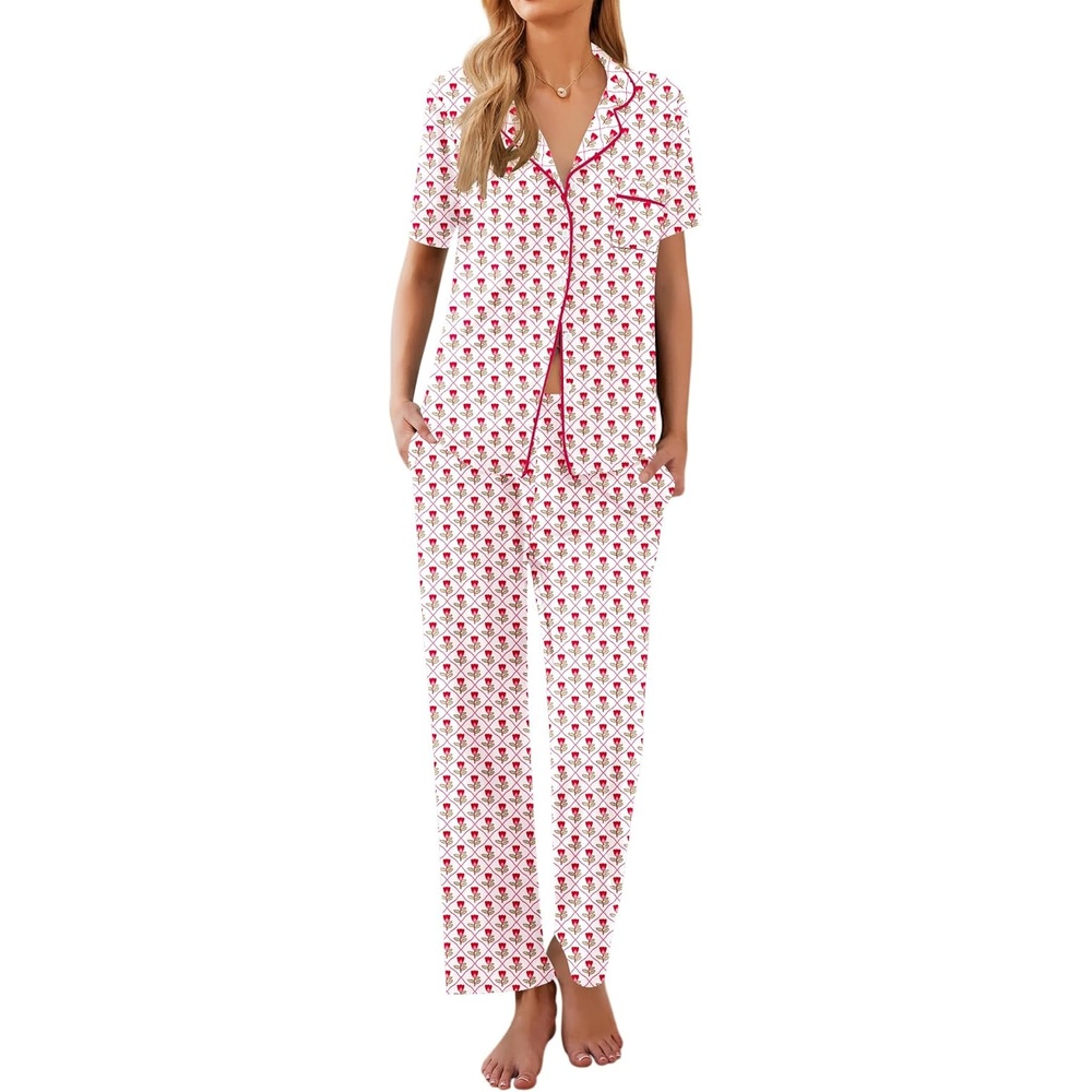 image:imageEkouaer Womens Pajamas Set Short Sleeve Button Down Top amp Pants Lounge PjsFlowers Bf376