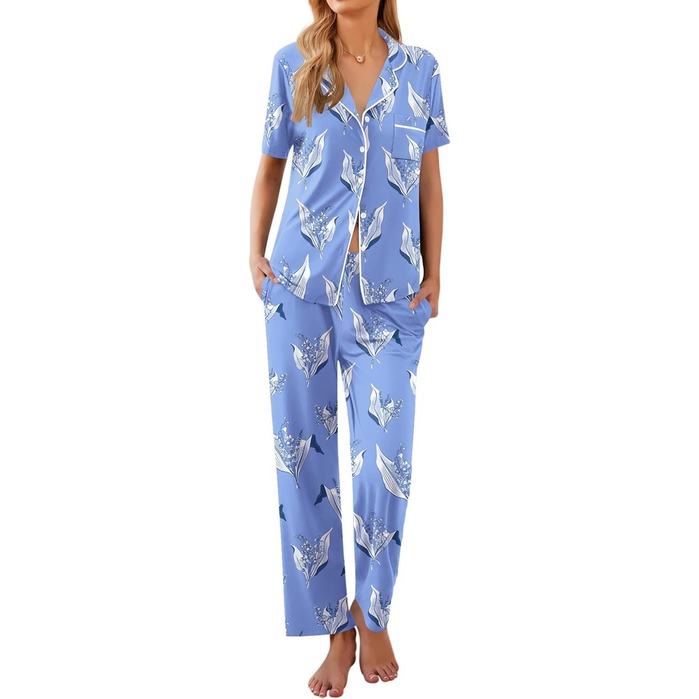 image:imageEkouaer Womens Pajamas Set Short Sleeve Button Down Top amp Pants Lounge PjsFlying Flowers