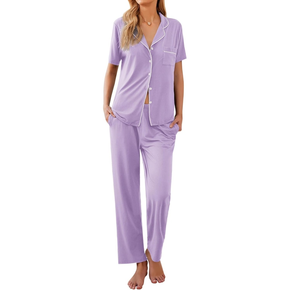 image:imageEkouaer Womens Pajamas Set Short Sleeve Button Down Top amp Pants Lounge PjsLight Purple