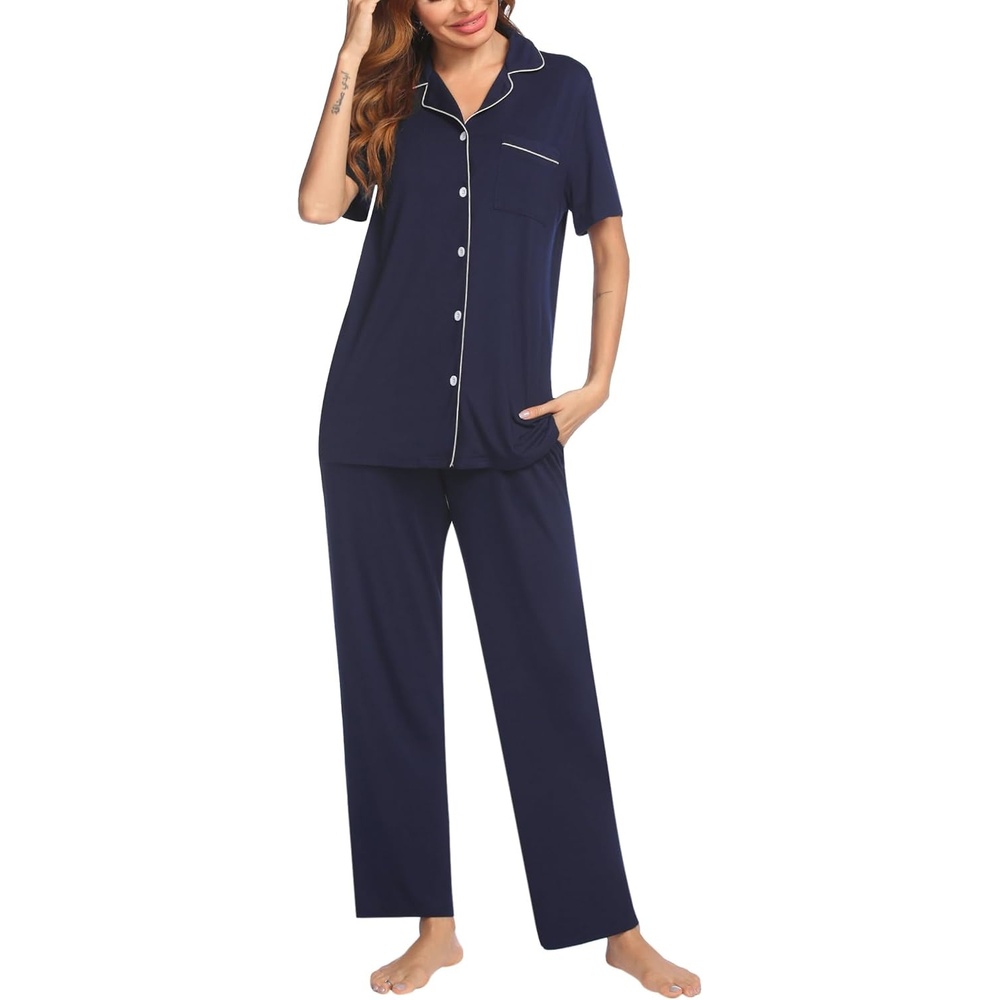 image:imageEkouaer Womens Pajamas Set Short Sleeve Button Down Top amp Pants Lounge PjsNavy Blue