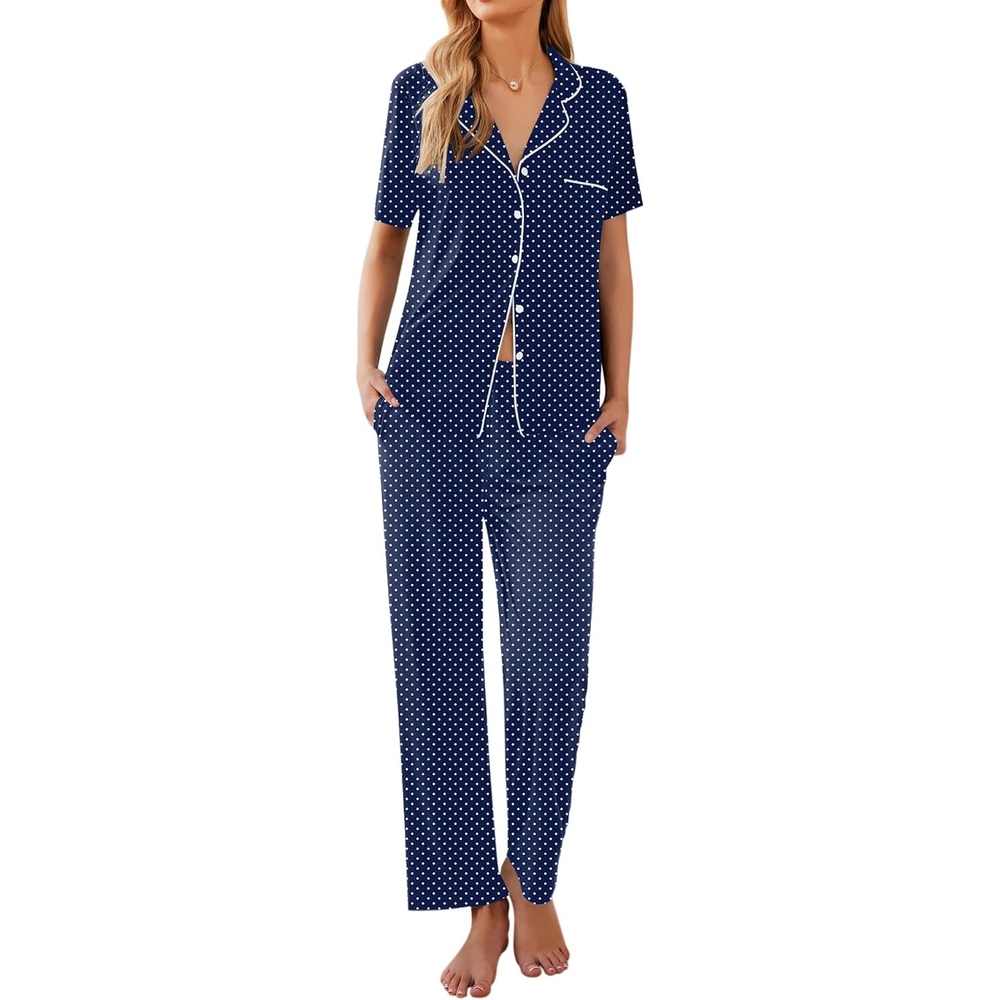 image:imageEkouaer Womens Pajamas Set Short Sleeve Button Down Top amp Pants Lounge PjsNavy Blue Points