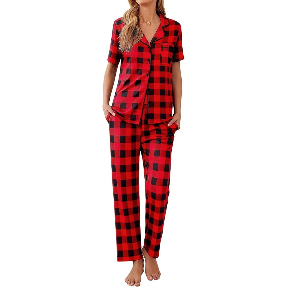 image:imageEkouaer Womens Pajamas Set Short Sleeve Button Down Top amp Pants Lounge PjsRed Plaid Gz1