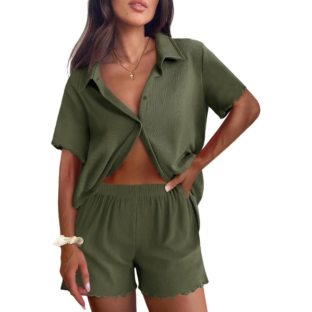 image:imageEkouaer Womens Ribbed Knit Lounge Set Short Sleeve Button Down Top and Shorts Pajama Set 2 Piece Sleepwear Outfits Set