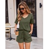 Ekouaer Pajamas for Women Waffle Knit Lounge Set 2 Piece PJS Short Sleeve Top and Shorts Matching Loungewear with Pockets Army Green Large