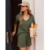 Ekouaer Pajamas for Women Waffle Knit Lounge Set 2 Piece PJS Short Sleeve Top and Shorts Matching Loungewear with Pockets Army Green Large