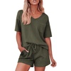 Ekouaer Pajamas for Women Waffle Knit Lounge Set 2 Piece PJS Short Sleeve Top and Shorts Matching Loungewear with Pockets Army Green Large