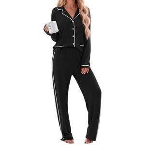 Ekouaer Womens Cotton Pajamas Set Long Sleeve Button Down Pjs with Pockets(Black)