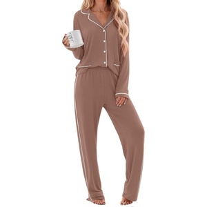 Ekouaer Womens Cotton Pajamas Set Long Sleeve Button Down Pjs with Pockets(Brown)