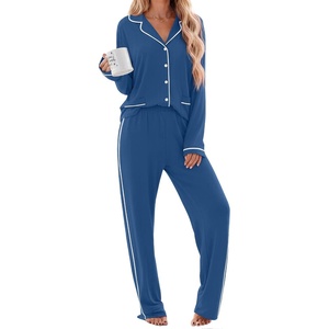 Ekouaer Womens Cotton Pajamas Set Long Sleeve Button Down Pjs with Pockets(Navy)