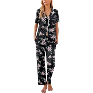 Ekouaer Womens Pajamas Set Short Sleeve Button Down Top & Pants Lounge Pjs(Big Black Flowers_1)