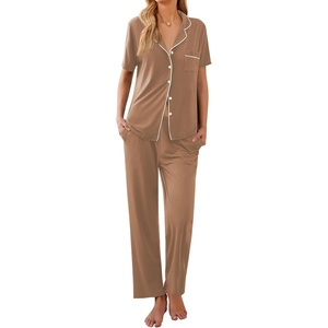 Ekouaer Womens Pajamas Set Short Sleeve Button Down Top & Pants Lounge Pjs(Brown)