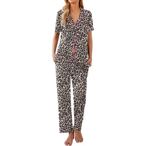 Ekouaer Womens Pajamas Set Short Sleeve Button Down Top & Pants Lounge Pjs(Brown Leopard 378)