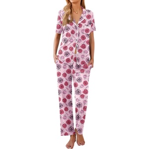Ekouaer Womens Pajamas Set Short Sleeve Button Down Top & Pants Lounge Pjs(Painting Rose)