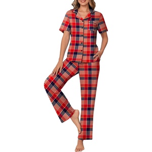 Ekouaer Womens Pajamas Set Short Sleeve Button Down Top & Pants Lounge Pjs(Small Red Black Plaid)