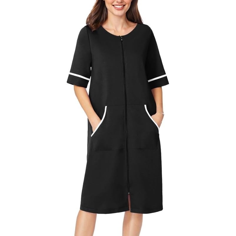 image:imageEkouaer Zip Up Robes for Women Short Zipper Front House Coats with PocketsBlack