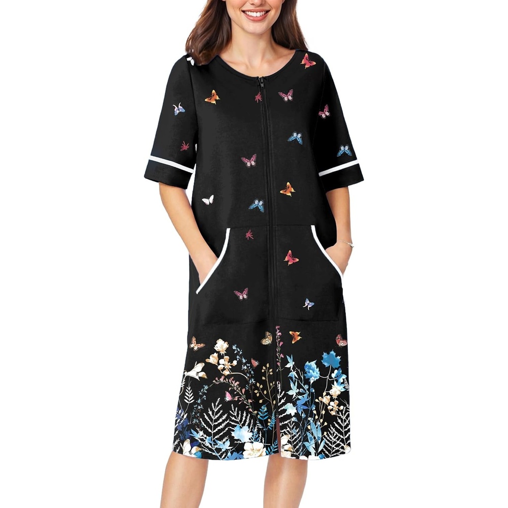image:imageEkouaer Zip Up Robes for Women Short Zipper Front House Coats with PocketsBlack Butterfly