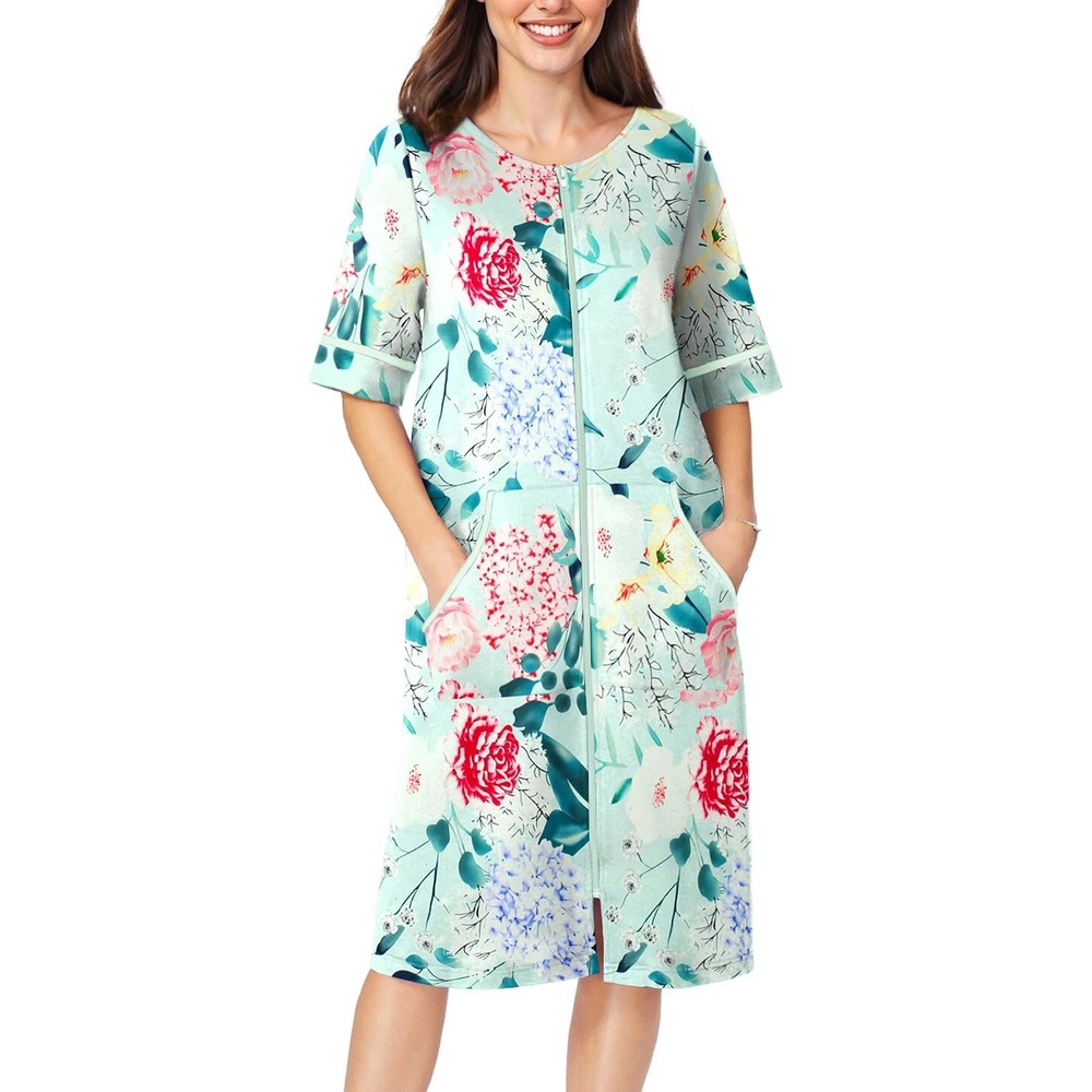 image:imageEkouaer Zip Up Robes for Women Short Zipper Front House Coats with PocketsGreen Flower